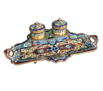 Ancien Double Encrier Bronze Émaux Cloisonnés XIXème Signé MR 57 Napoléon III - Photo 1/4