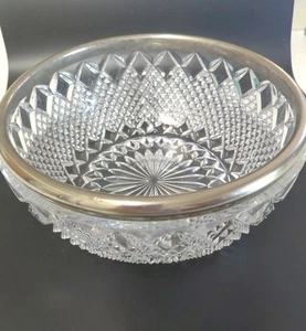 Vintage Cut Glass Bowl Silver-Plate Rim 8" X 3.75" Diamond Design 4 Lb 4 Oz - Picture 1 of 5