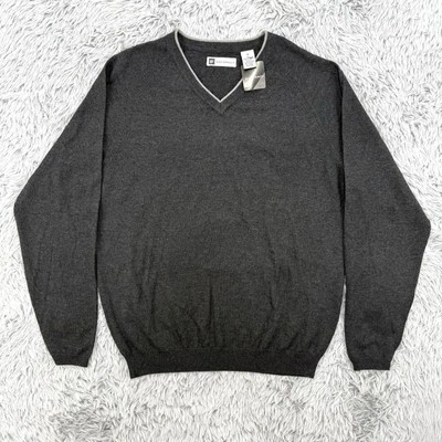 Bachrach 毛衣男式 M 深灰色全新带标签美利奴羊毛丝绸 V 领套衫学院风 — 第 1/4 张图片