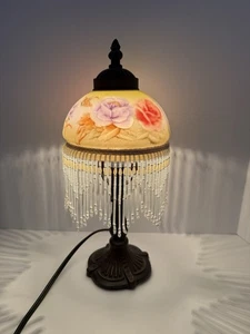Vtg Butterfly & Rose Glass Dome Beaded Fringe Shade Metal Desk Lamp Night Light - Picture 1 of 10
