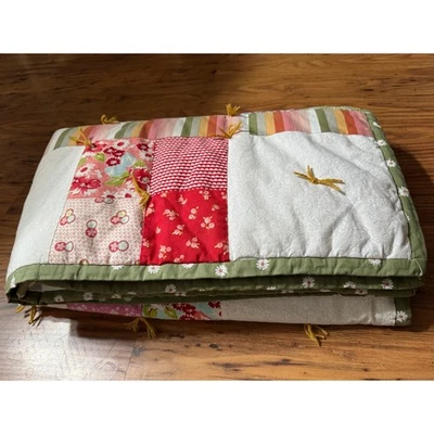 Handmade 43" x 52" Tied Floral & Stripped Patchwork Baby Crib Quilt Lap Blanket - Image 1 of 4