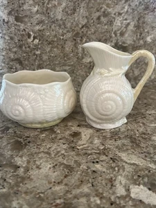 Belleek Sea Shell Creamer & Open Sugar Bowl Ireland Bone China Green Mark - Picture 1 of 6