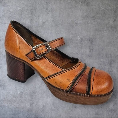 Vintage Thom McAn Brown Leather Platform Mary Jane Heels Chunky Block Shoes 5.5 - Image 1 of 4