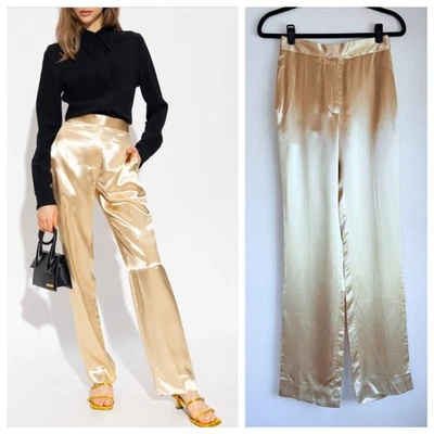 NWT Victoria Beckham Liquid Satin Trousers in Butter Yellow White-Gold Size 0 - Image 1 of 4