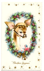 Tarjeta de Navidad de colección, corona de reno/holly MCM, una tarjeta Sunshine SIN USAR - Imagen 1 de 4