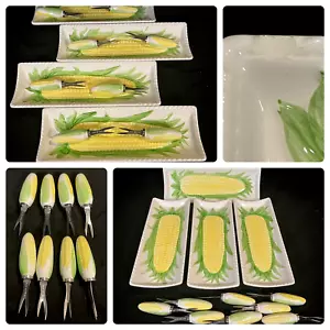 Vintage Set 4 Lillian Vernon Corn On The Cob Ceramic Dishes 9" Japan 1960s MCM - Picture 1 of 8