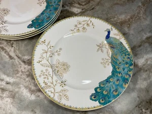 Dinner Plates Peacock Garden 222 Fifth. Set Of 4. Porcelain. 10.75 Inch. New. - Picture 1 of 21