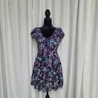 NEW LOOK y2k Purple Floral Mesh Smock Dress Chiffon Ruffle Sleeve UK 12 US 8 