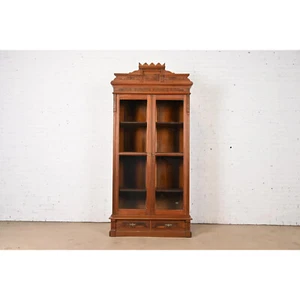 Herter Brothers Style Antique Eastlake Victorian Carved Burled Walnut Bookcase - Picture 1 of 11