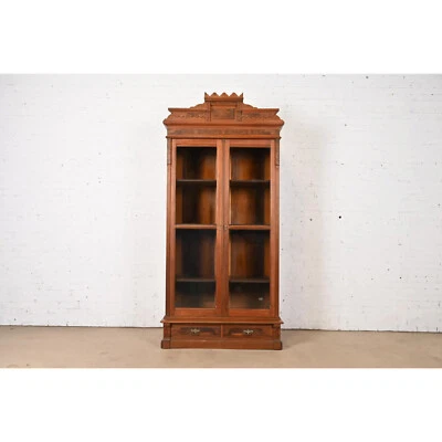 Herter Brothers Style Antique Eastlake Victorian Carved Burled Walnut Bookcase - Image 1 of 4
