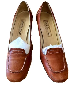 Vintage ANN TAYLOR Pumps High Heel Cognac Brown Leather White Accent Stitch sz6M - Picture 1 of 11