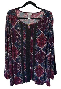 Catherine’s Women’s Blouse Top Dark Paisley Lace Trim Long Sleeve Plus Size 3X - Picture 1 of 9