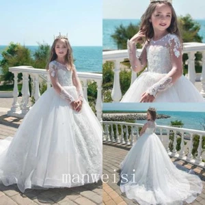 White Princess Flower Girl Dress Long Sleeve With Train Pageant Party Ball Gowns - Picture 1 of 8