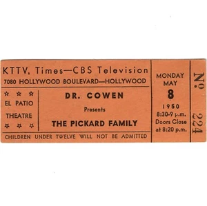 PICKARD FAMILY Concert Ticket Stub LA 1950 SHE'LL BE COMIN' AROUND THE MOUNTAIN - Picture 1 of 2