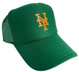 NEW YORK METS ORANGE KELLY GREEN HAT 5 PANEL HIGH CROWN TRUCKER SNAPBACK TRENDY - Picture 1 of 4