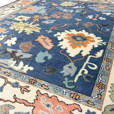 Modern Oushak Turkish Hand Knotted Blue 100% Wool 8x10 Area Rug for Living Room - Image 1 of 4