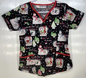 Blusa Médica Navidad Mujer Talla S Pequeña Holiday Penguins Muñeco de Nieve Reno Árboles - Imagen 1 de 3