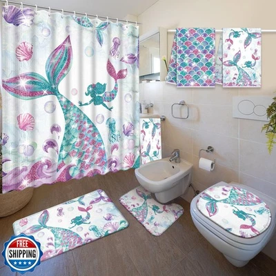 Nuanchu Juego de 6 Cortinas de Ducha Sirena con Alfombra Juegos de Baño con Foto 1 de 4