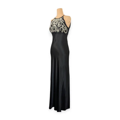 90's Formal Slip Gown ~ Black Satin Bias Cut silver detail Halter 7/8 Fits S/XS - Image 1 of 4