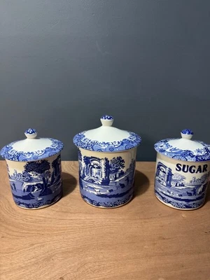 Vintage Spode Italian Design Blue & White  Canister Storage Jars Lot of 3 - Image 1 of 4