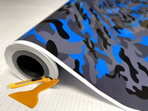 Blue Black Gray Glossy Camouflage Vinyl Car Wrap Sheet + Free Tools(2 feet & up)