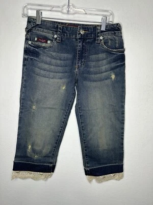Y2K Baby Phat Cuff Lace Hem Distressed Denim Blue Shorts Size 5 - Image 1 of 4