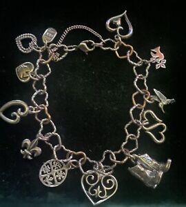 James Avery SS/Bronze Heart Charm Bracelet with 11 Charms, some Retired or 3D!!