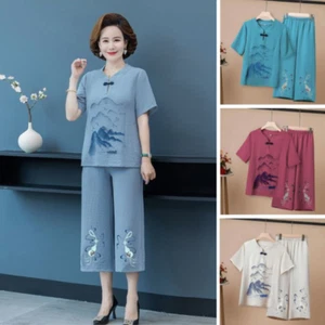 Conjunto de camisa de manga corta de 2 piezas para mujer traje tang étnico top y pantalones cortos - Imagen 1 de 11