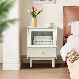 Nachttisch LED Leuchte mit Schublade Aufbewahrung Nachttisch Flip versteckte Tür weiß - Bild 1 von 18