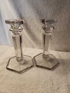 Vintage 1920s Central Glass Works Chippendale Hex Foot Candleholders, Pair - Picture 1 of 1