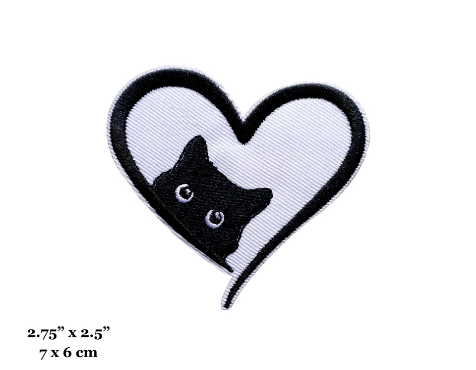 Black Cat in Heart Cute Animal Cat Love Black White Embroidered Iron On Patch - Image 1 of 3