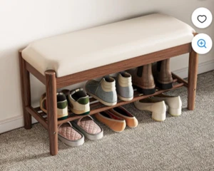 Solid Wood Entryway Bench with Cushion, Shoe Storage Rack, Wanut-Beige 31.5" - Picture 1 of 6