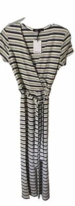 Olivaceous Knit Jumpsuit Womens Blue Stripe Stretch Belted Crossover New Medium - Picture 1 of 11