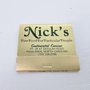 Nick's Fine Food For Particular People Highlands NC Matchbook - NOS Unstruck - Picture 1 of 4