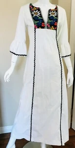 VINTAGE 1970'S ALFRED SHAHEEN MISS K  SEER-SUCKER HIPPIE PRAIRIE DRESS EMBROIDER - Picture 1 of 4