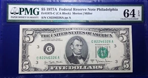 1977A $5 Federal Reserve Note Fr-1975-C Philadelphia PMG64 Choice EPQ - Picture 1 of 4