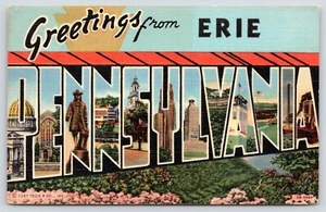 Erie Pennsylvania~State Large Letter Linen Postcard~Wm Penn~Liberty Bell~1940 - Picture 1 of 2