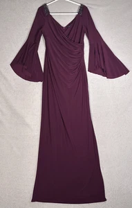 Lauren Ralph Lauren Evening Gown Womens 8 Bell Sleeve Beaded Shoulder Plum Maxi - Picture 1 of 19