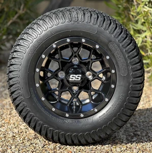10″ MATRIX Gloss Black Golf Cart Wheels and 20×8-10 Turf Tires - Set of 4 & Lugs - Picture 1 of 3