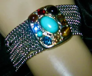 “VINTAGE MAGNETIC CLASP BRACELET-EASY ON-EASY OFF" SILVER W/ASSORTED GEM STONES" - Picture 1 of 10