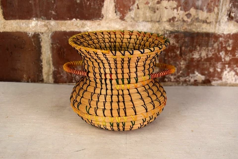 Vintage Colorful Woven Weaved Basket/Vase, Storage H: 5" D: 7" - Great Condition Cover