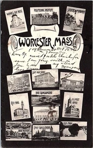1906 UDB Postcard Worcester Mass MA Multi-View of Town Landmarks Massachusetts - Picture 1 of 2