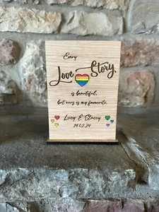 Valentines day oak Card Love story lgbtq pride personalised gift wooden hearts - Picture 1 of 2