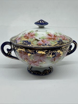 Nippon Hand Painted Pink Rose Floral Cobalt  Sugar Bowl Gold Etching - Image 1 of 4