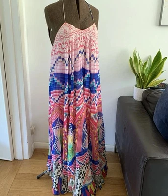 Rococo Sand Halter Neck Silk Sun Dress Pink Multi Medium M Maxi Tassel Floaty - Image 1 of 4