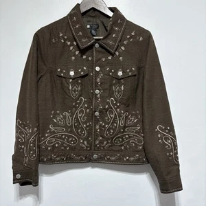 Carole Little Blazer Womens L Petite Brown Embroidered Silk Blend Button Front - Picture 1 of 9