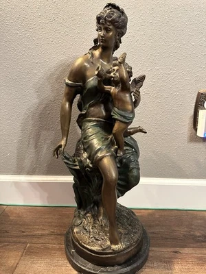Original Rare Signed Bronze Sculpture Young Woman With Cupid By Mathurin Moreau - Image 1 of 4