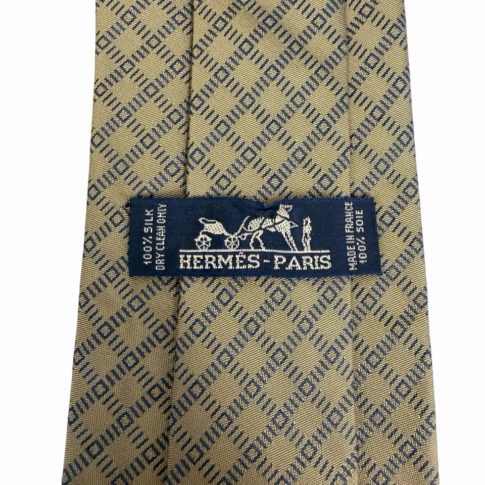 Corbata reciente para hombre Hermes bronce/azul geométrica jacquard seda 3,5" (W) 58" (L) guc Foto 1 de 4