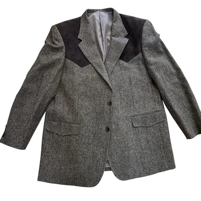 Mens 48L 100% highland Shetlands wool Blazer Gray Tweed Western Style Suede Yoke - Image 1 of 4