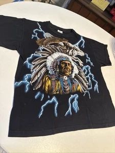 Vintage 90s American Thunder Native American Lightning AOP T-Shirt Erwachsene XL schwarz - Bild 1 von 7